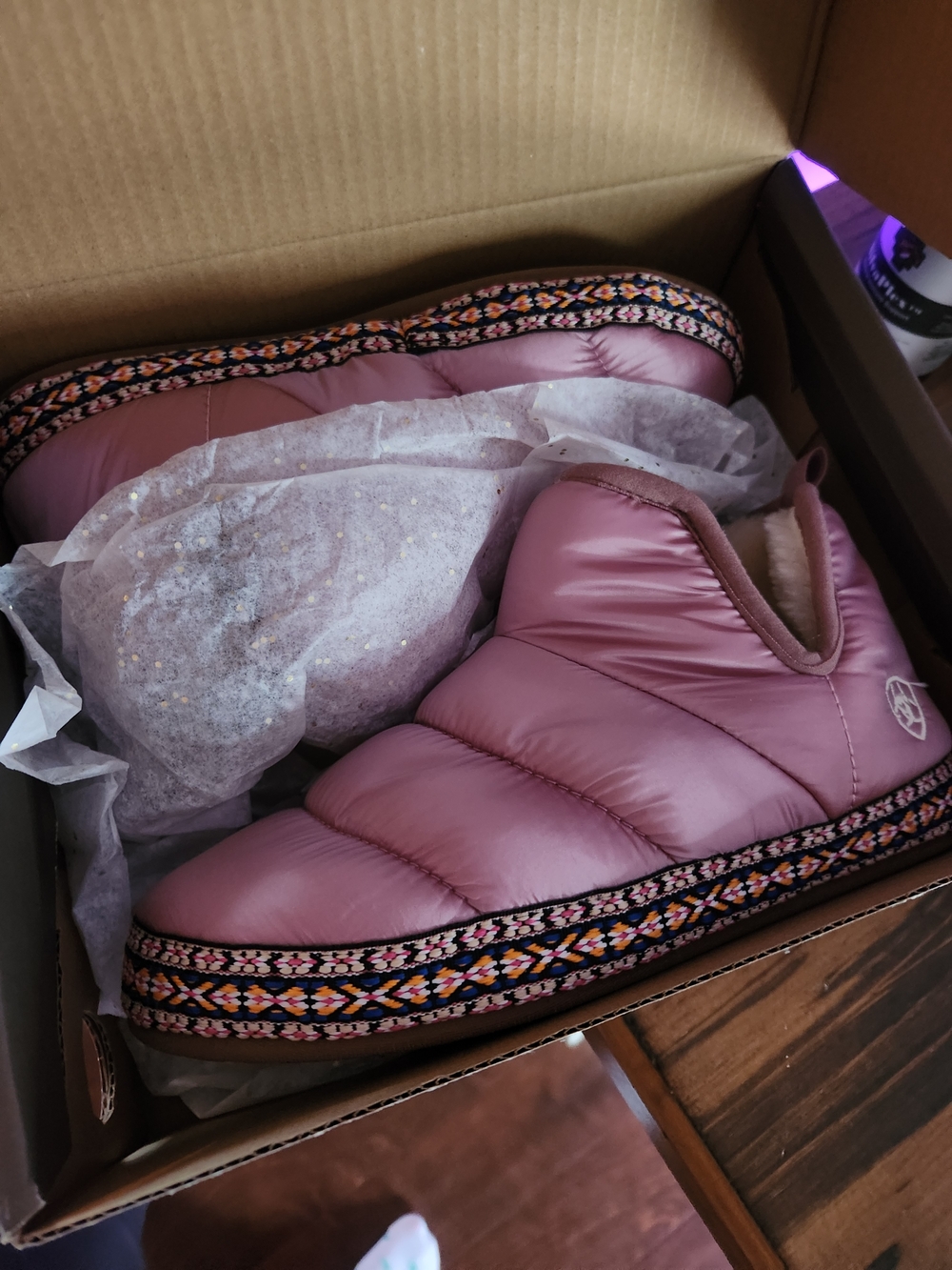 Ariat Pink Quilted Slip-On Cozy Slipper Boots with Woven Trim